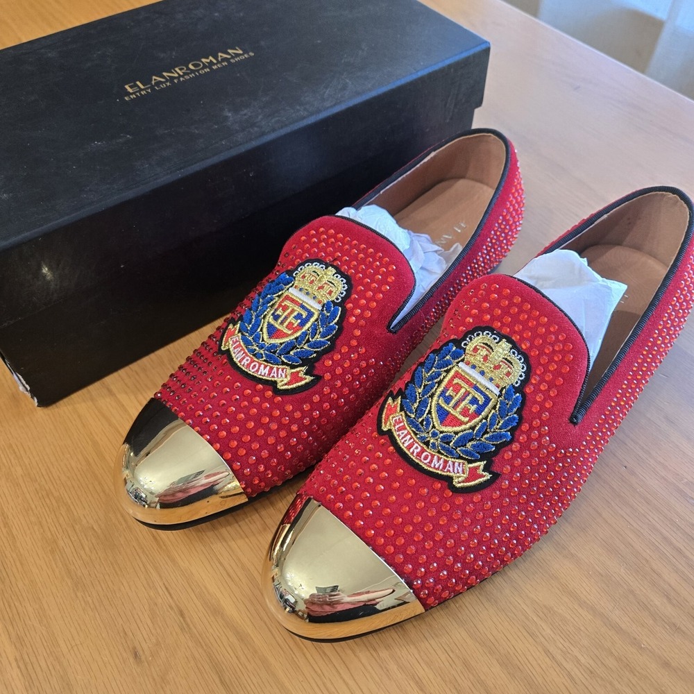 Elanroman Luxury Prom Studded Mens 11 Shoes Red Velvet Gold Toe Size 45 Jackson